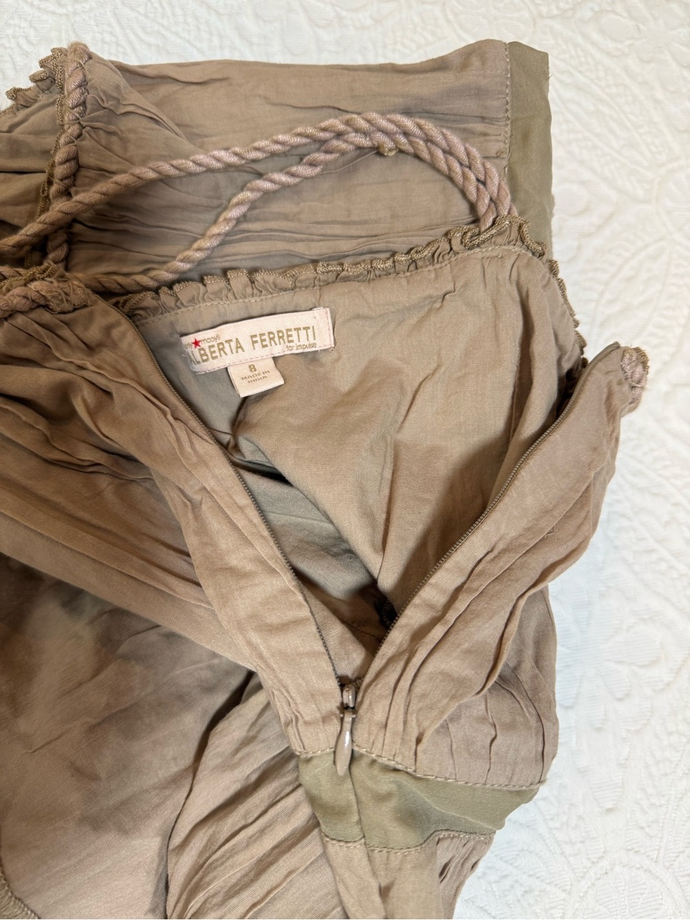 ALBERTA FERRETTI Cotton Tiered Maxi Dress Taupe Empire Waist Sz 8 Lined Flowy - Picture 8 of 9